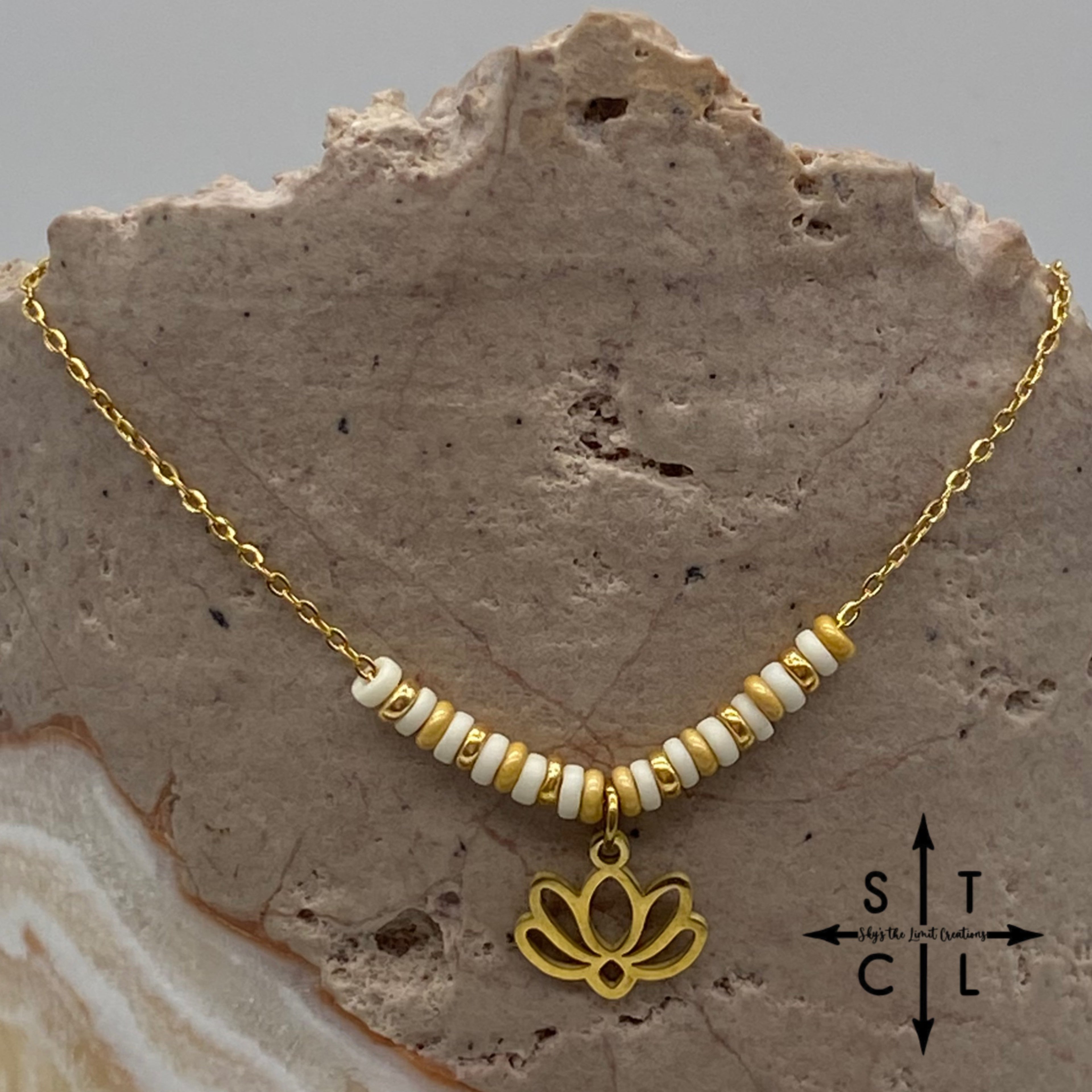 White Gold Matte Gold Lotus Flower Charm Necklace