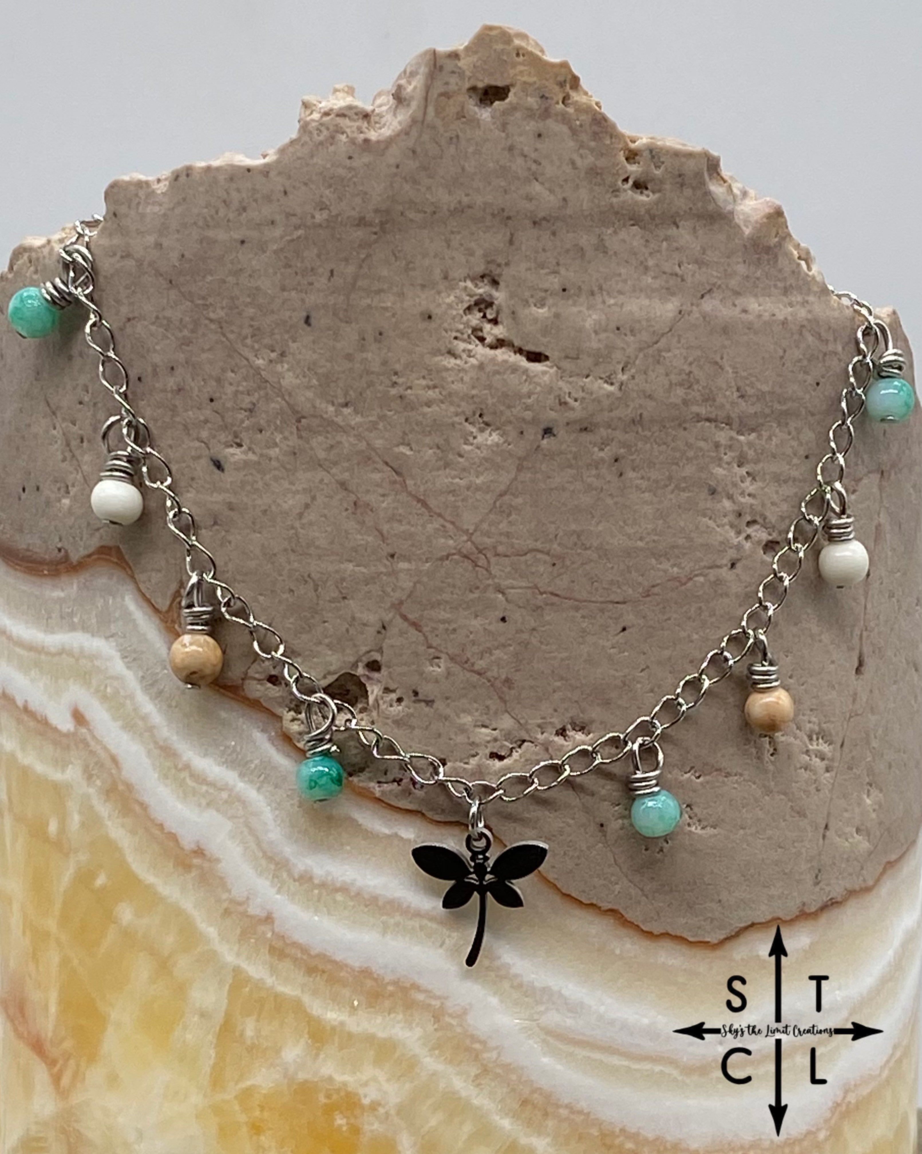 Dragonfly Light Green Peach White Katy Anklet