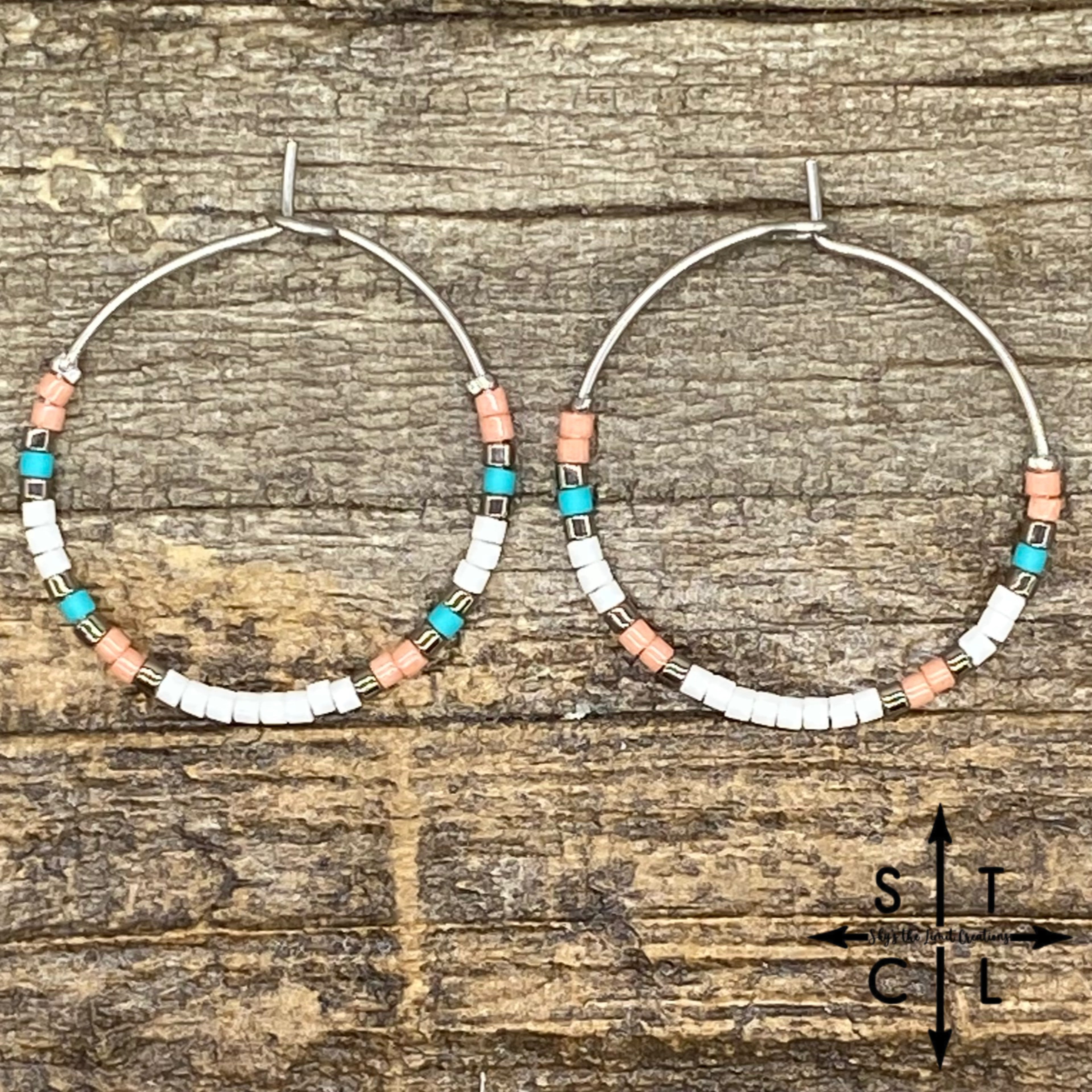 White Turquoise Pink Amber Earrings