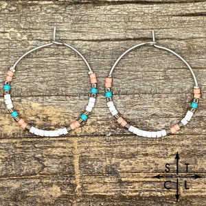 White Turquoise Pink Amber Earrings