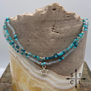 Turquoise Dark Turquoise Frosted Clear Shimmer Star Stretchy Anklet