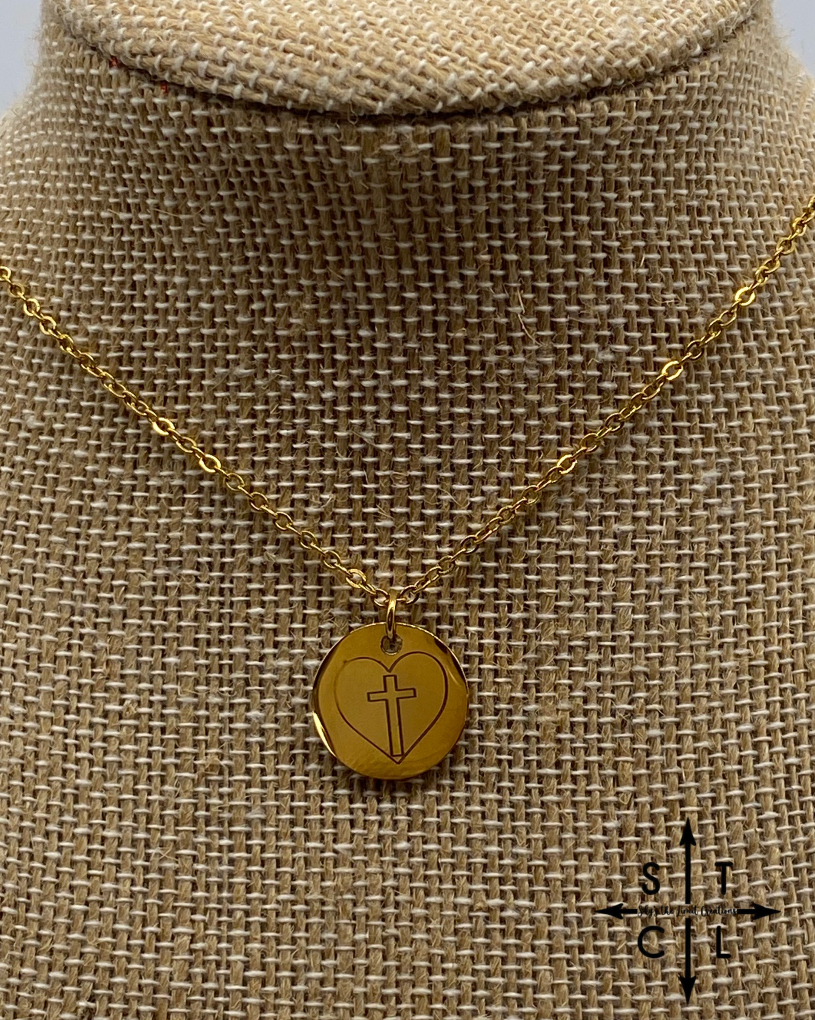 Round Laser Heart With Cross Necklace Gold