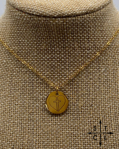 Round Laser Heart With Cross Necklace Gold