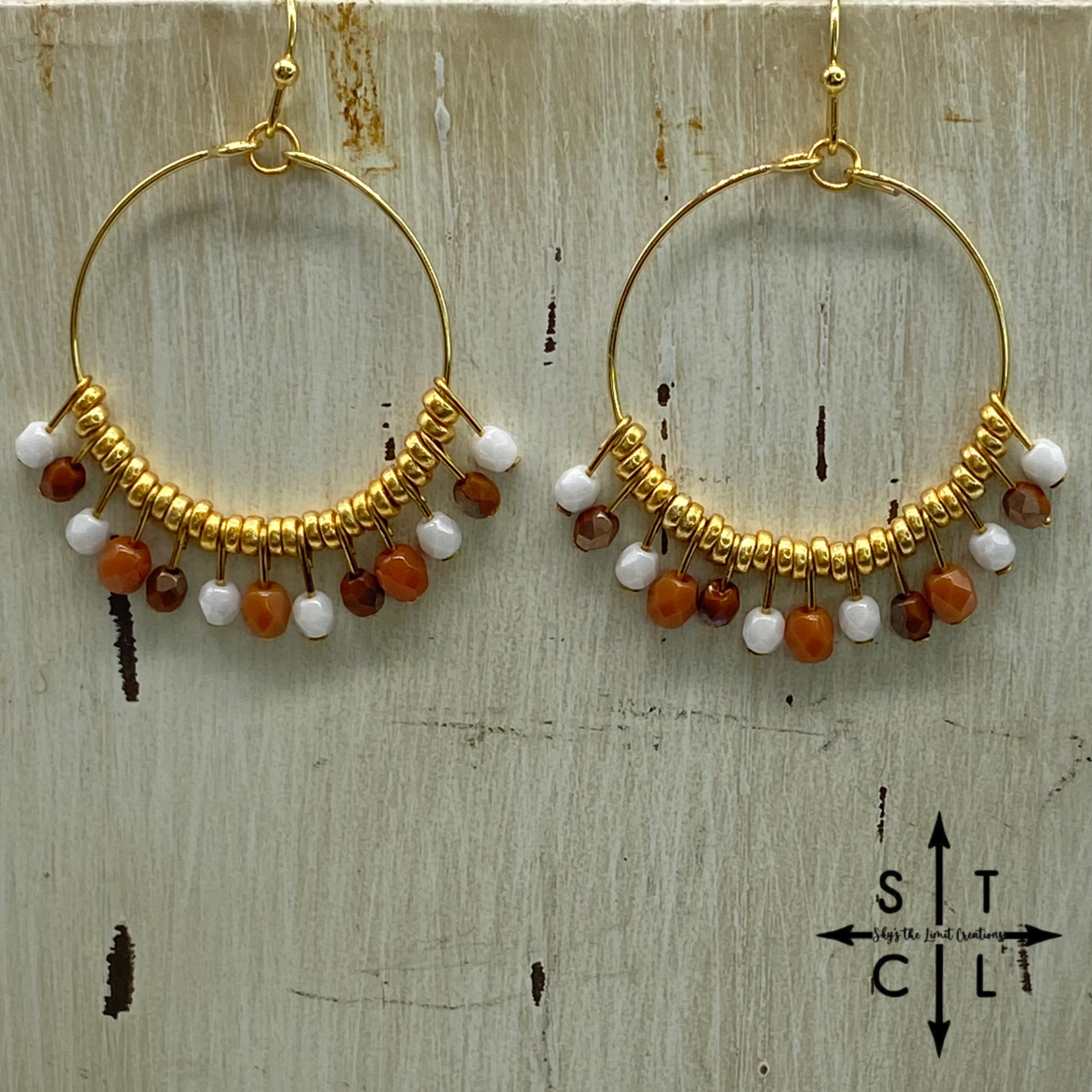 Burnt Orange White On Gold  Rebecca Earrings