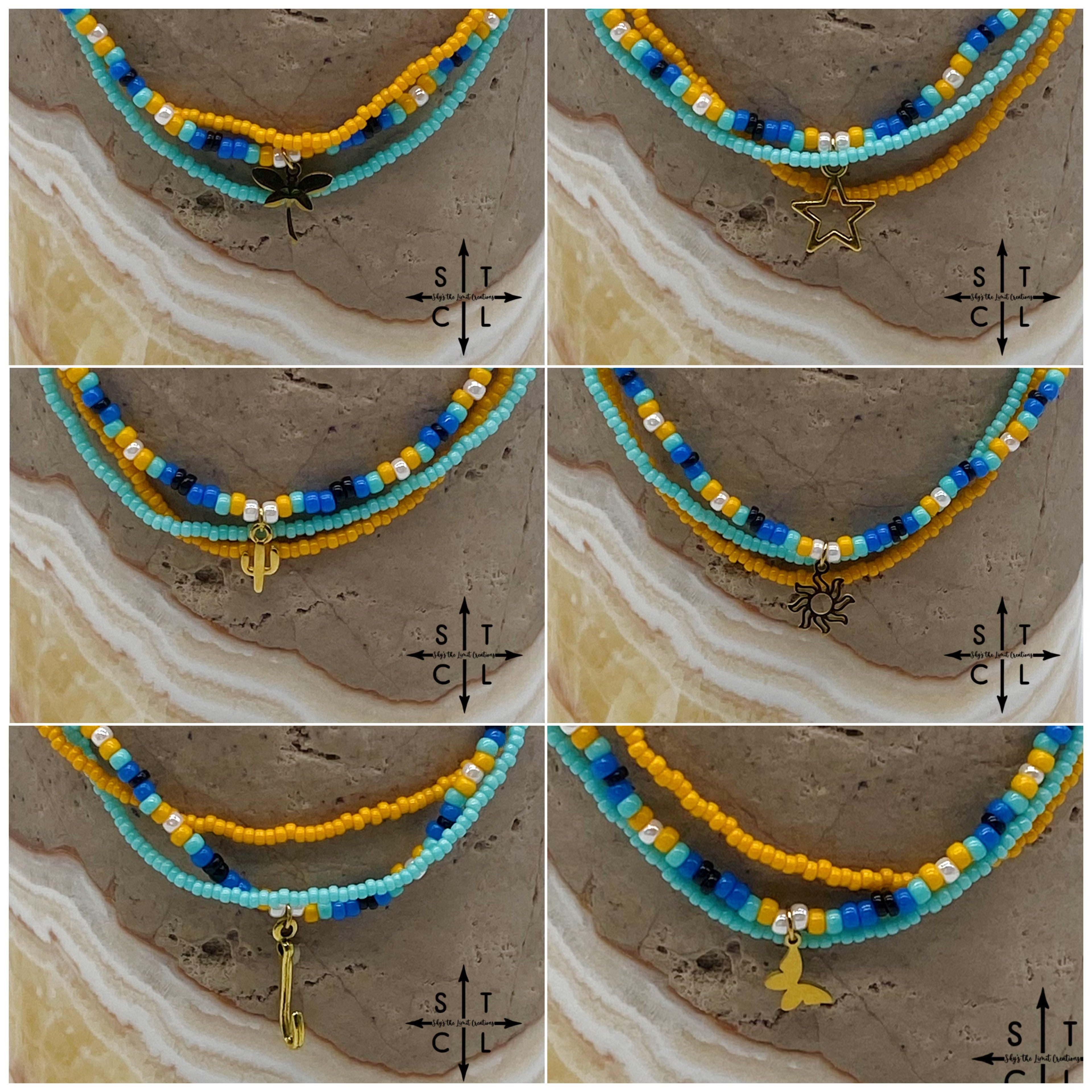 Blue Turquoise Yellow Black White Gold Stretchy Anklet