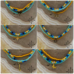 Load image into Gallery viewer, Blue Turquoise Yellow Black White Gold Stretchy Anklet
