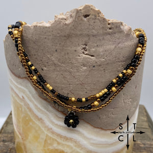 Black Bronze Matte Gold Beaded Flower Stretchy Anklet