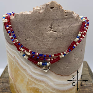 Raspberry Red Blue Bone Silver Heart Stretchy Anklet