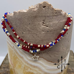 Raspberry Red Blue Bone Silver Star Stretchy Anklet