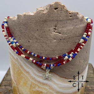 Raspberry Red Blue Bone Silver Flower Stretchy Anklet