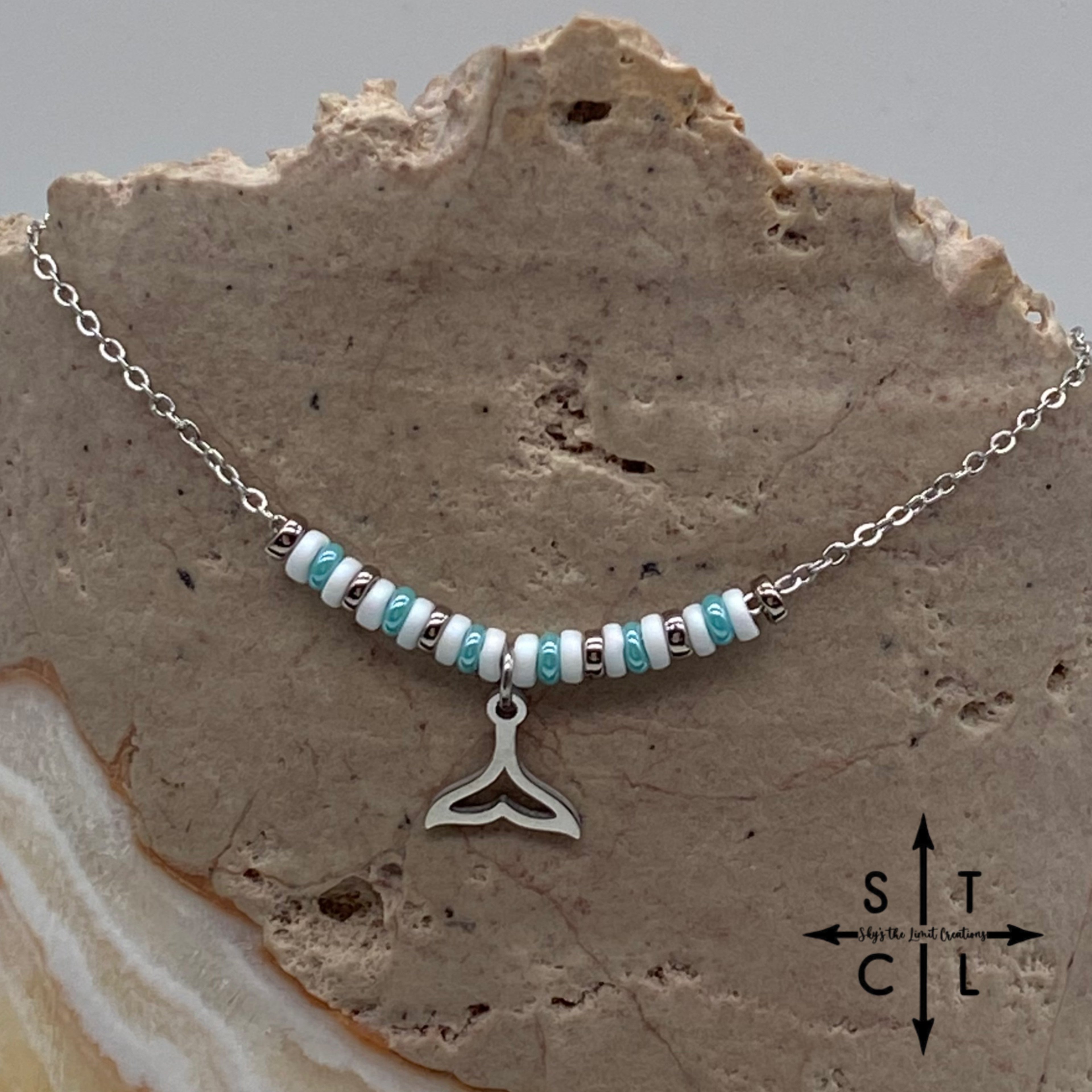 White Turquoise Gunmetal Silver Mermaid Tail Charm Necklace