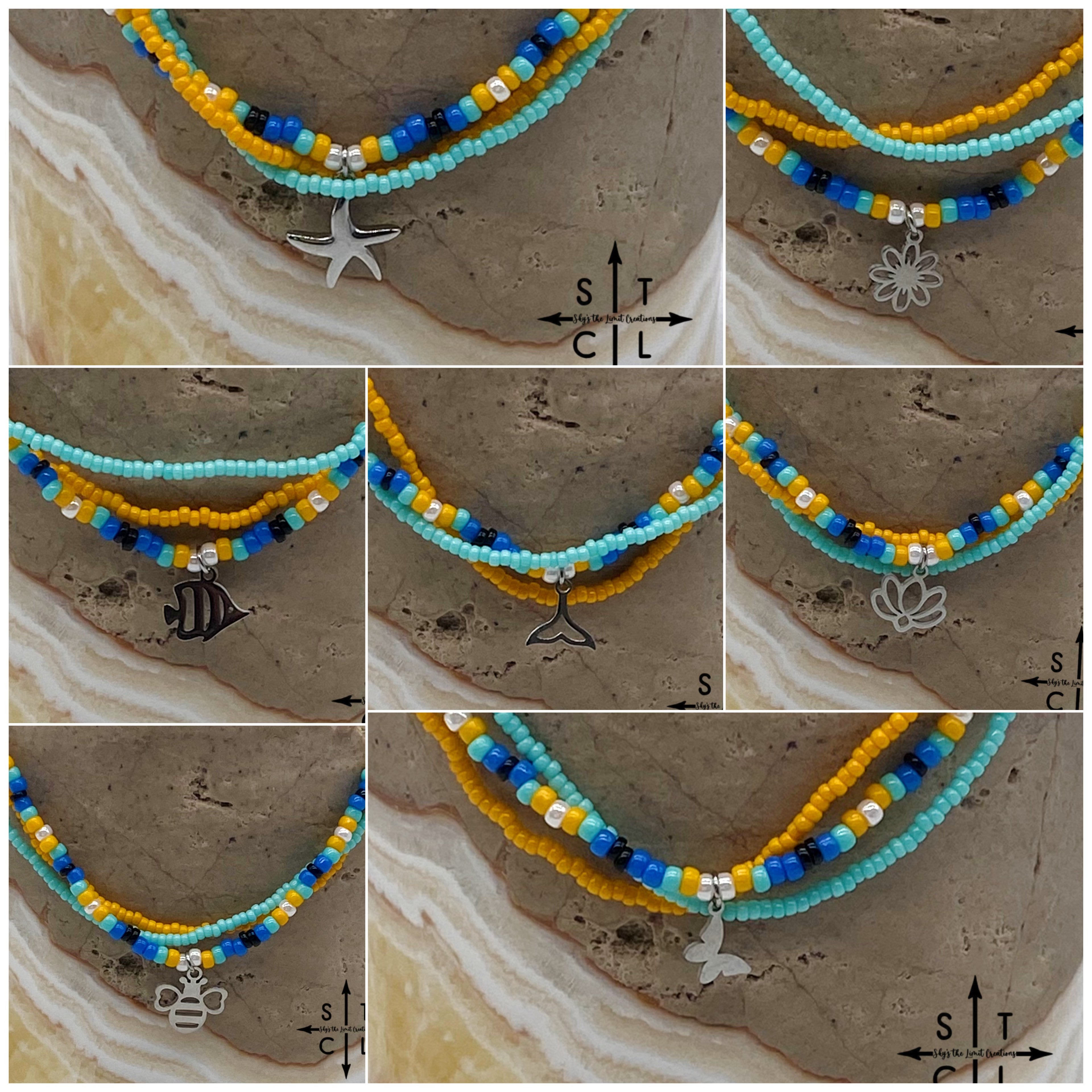Blue Turquoise Yellow Black White Silver Stretchy Anklet
