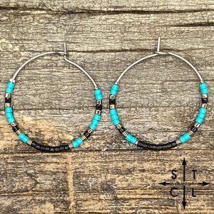 Turquoise Black Gun Metal Silver Amber Earrings
