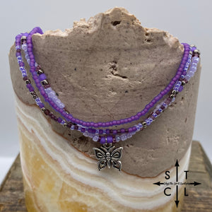 Mix Purple Gunmetal Silver Butterfly Stretchy Anklet