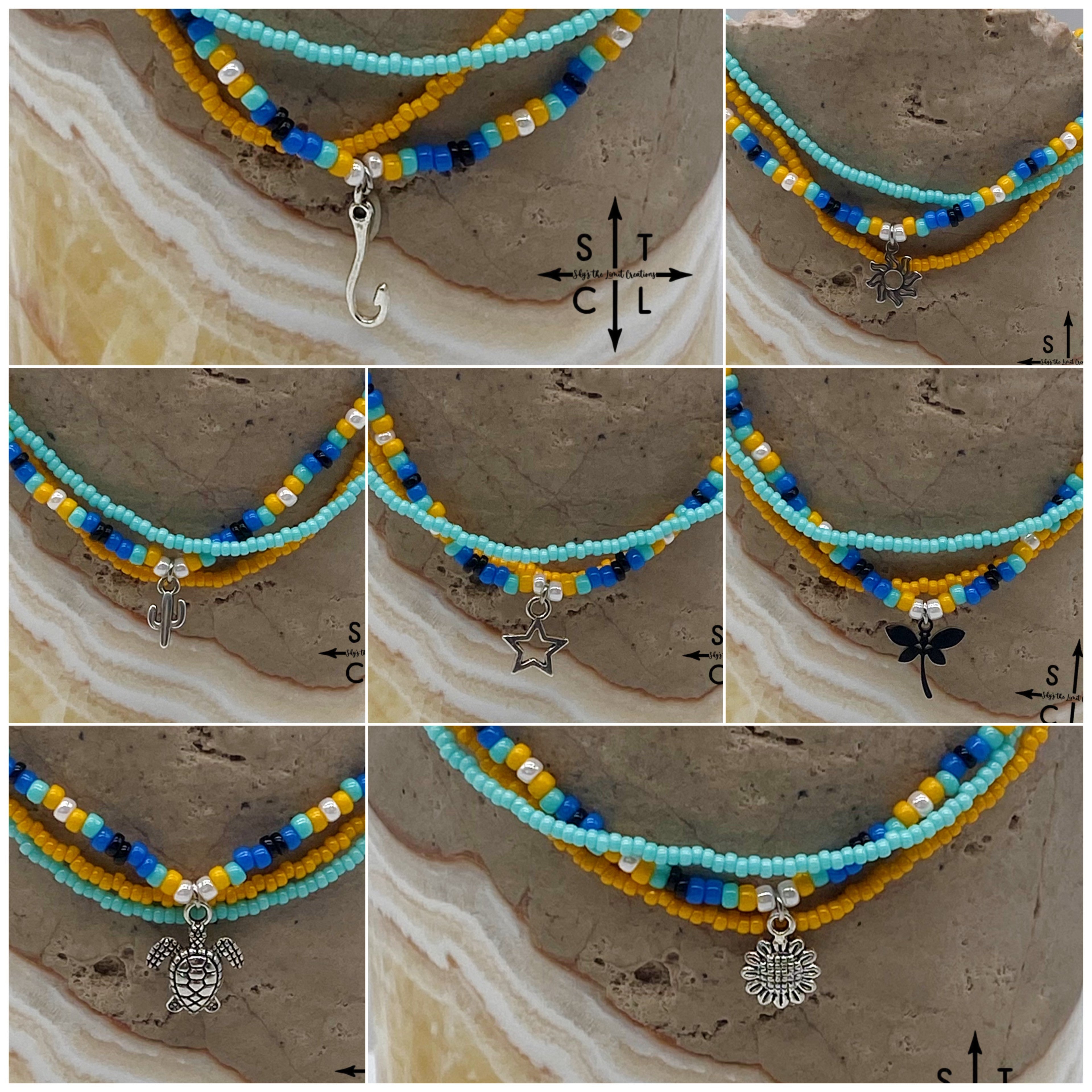 Blue Turquoise Yellow Black White Silver Stretchy Anklet