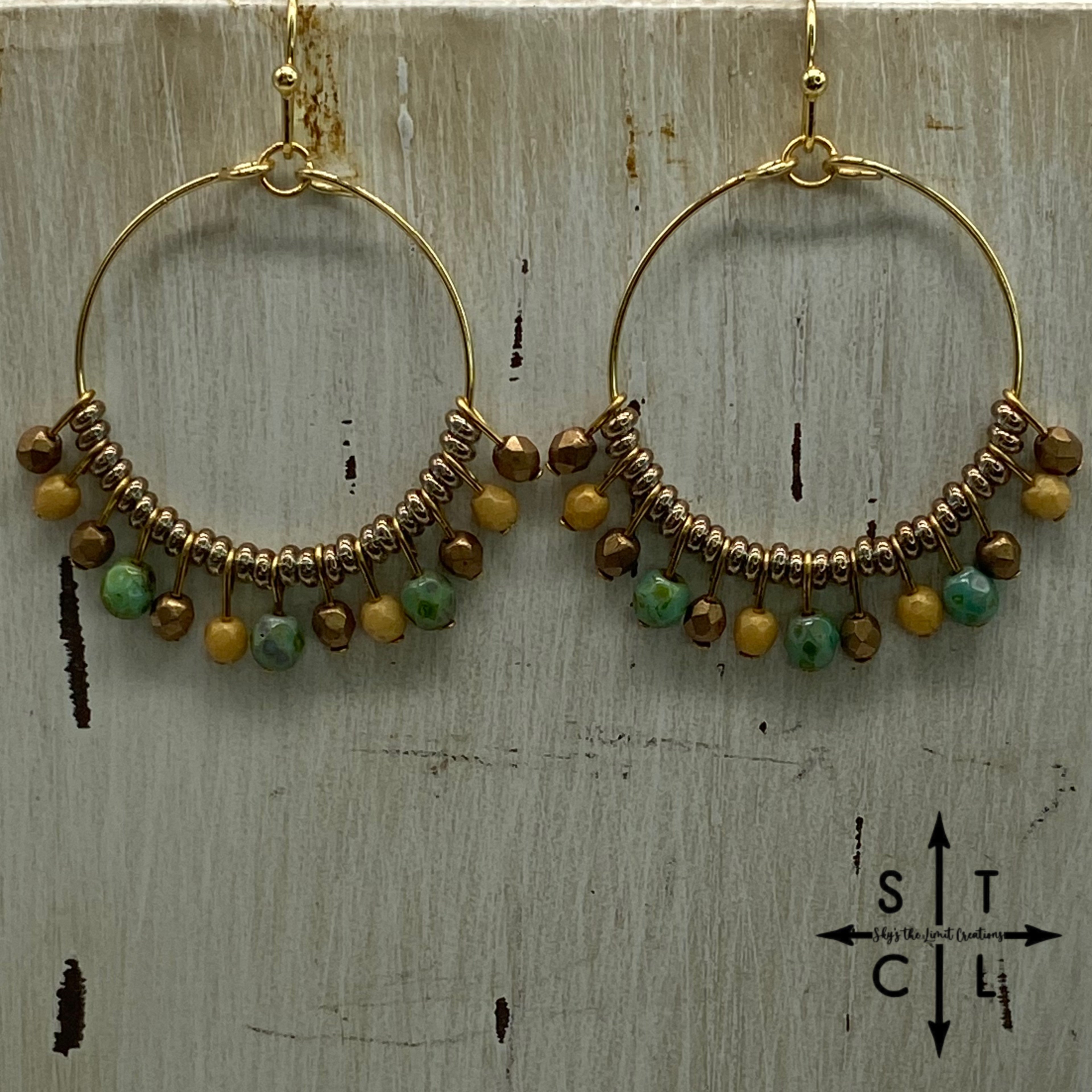 Matte Gold Beige Turquoise On Gold Rebecca Earrings