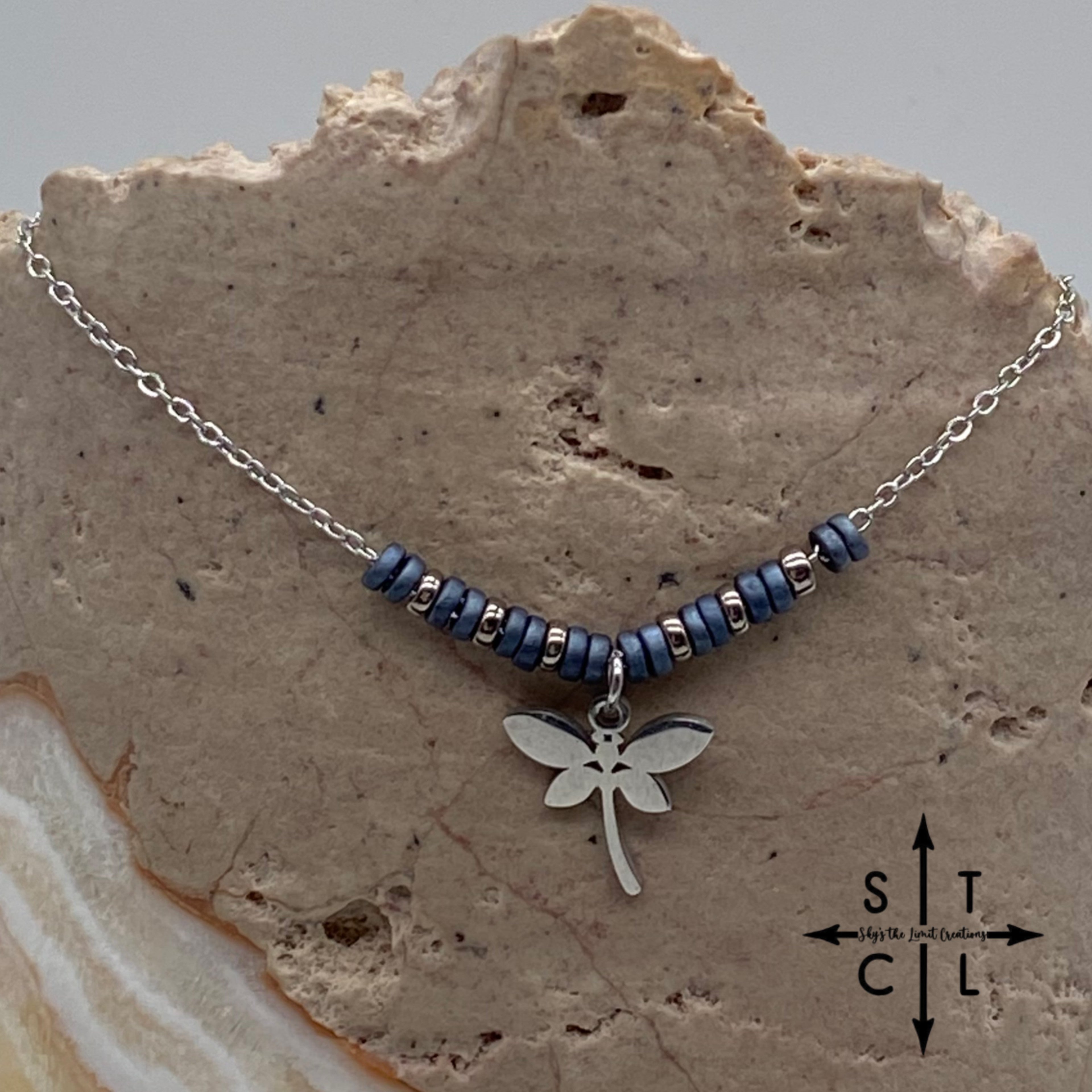 Metallic Dark Blue Dragonfly Charm Necklace