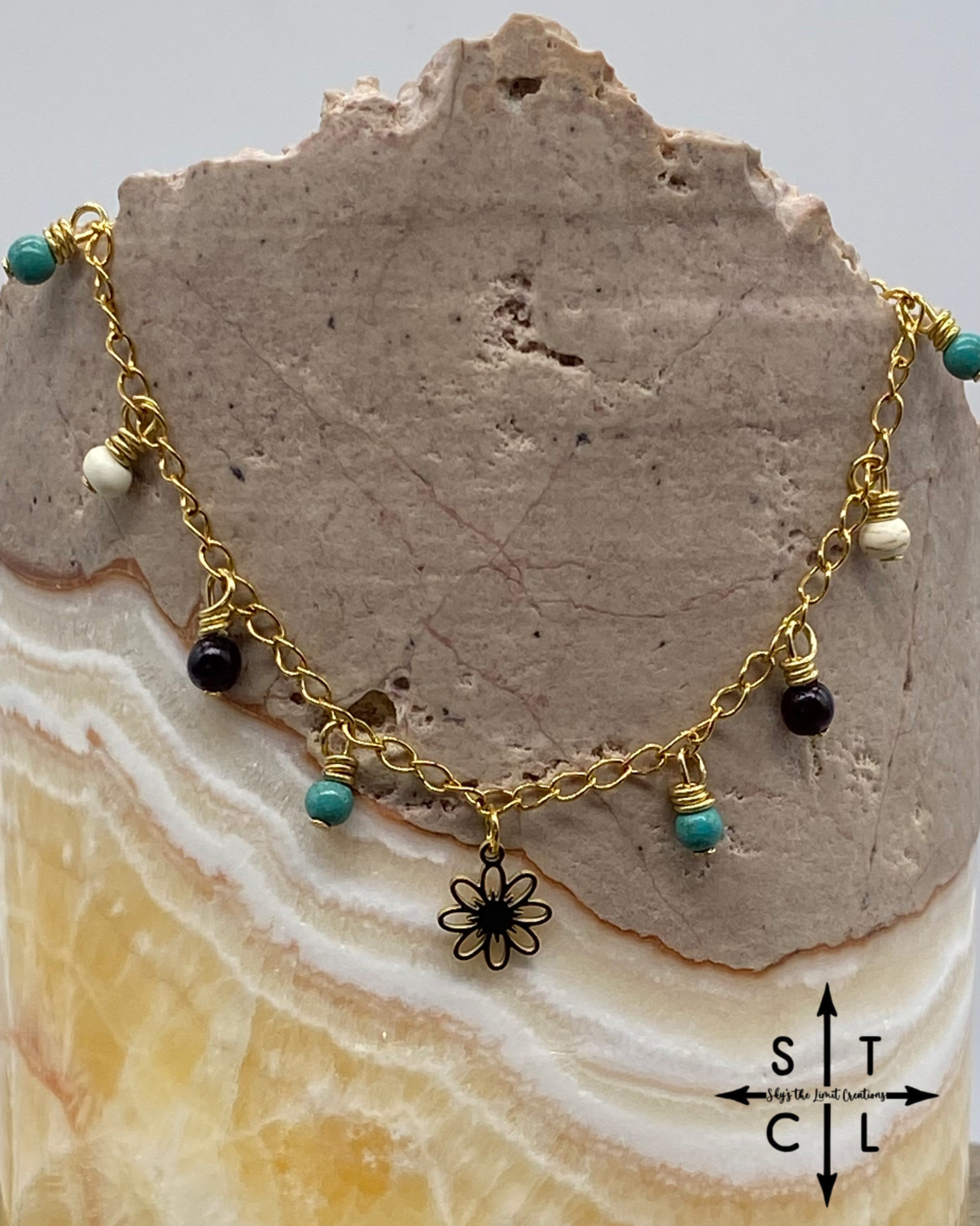 Flower Turquoise Black White Gold Katy Anklet