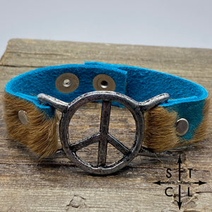 Turquoise On Brown Cowhide Peace Bracelet