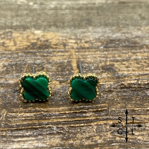 Gold With Solid Green Clover Stud Earrings