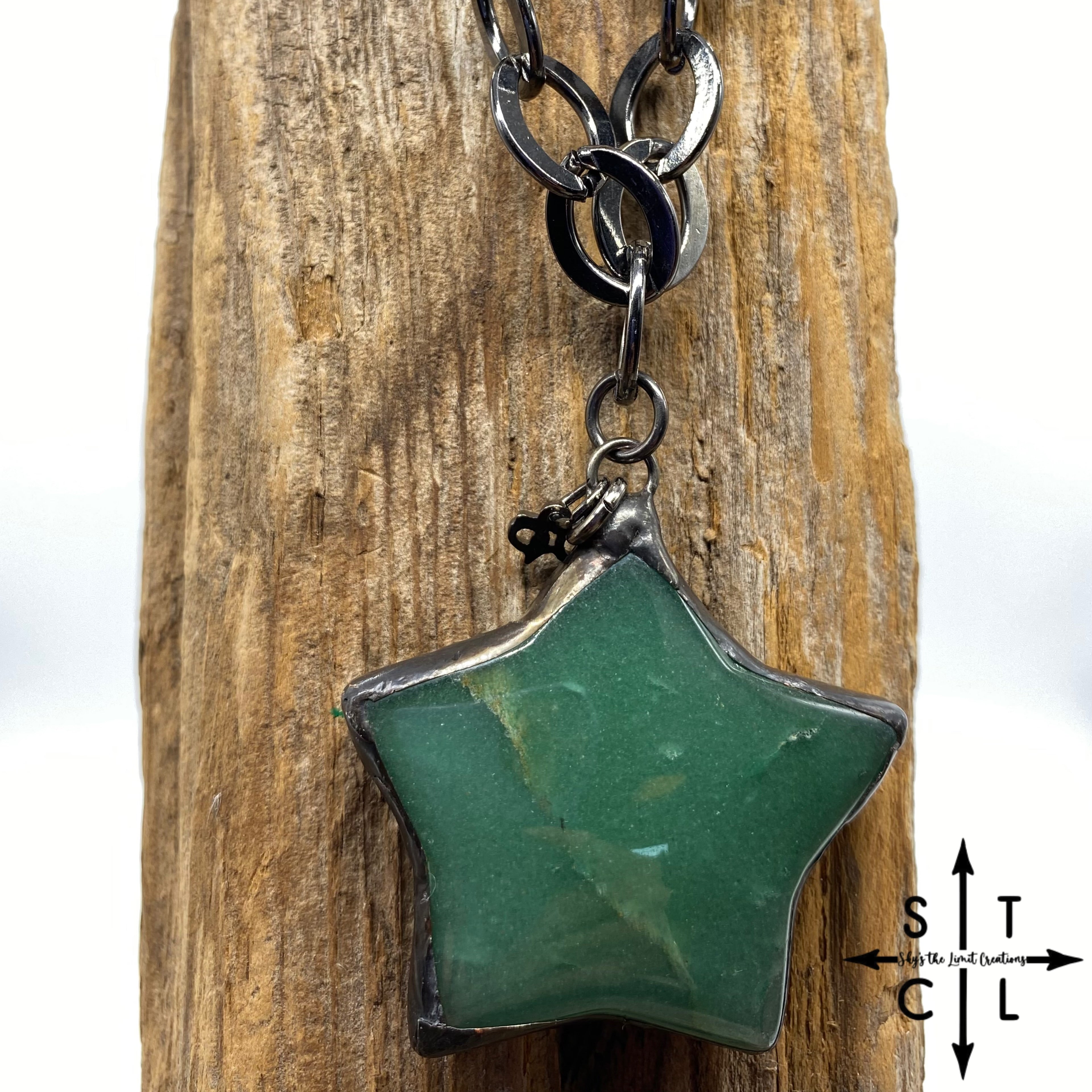 Green Moss Agate Star Pendent On Chunky Black Gun Metal Chain