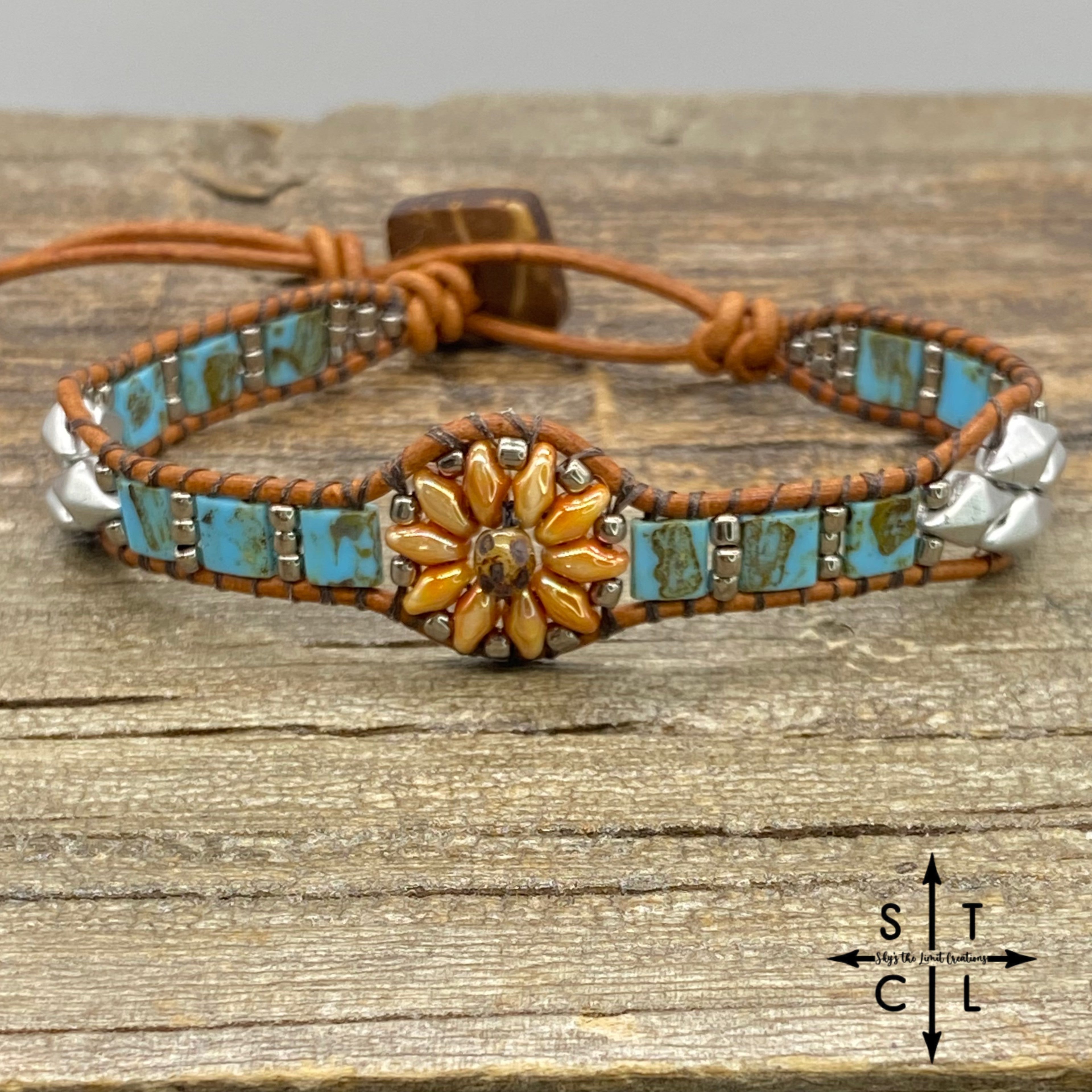 Apricot Picasso Turquoise Matte Silver Daisy