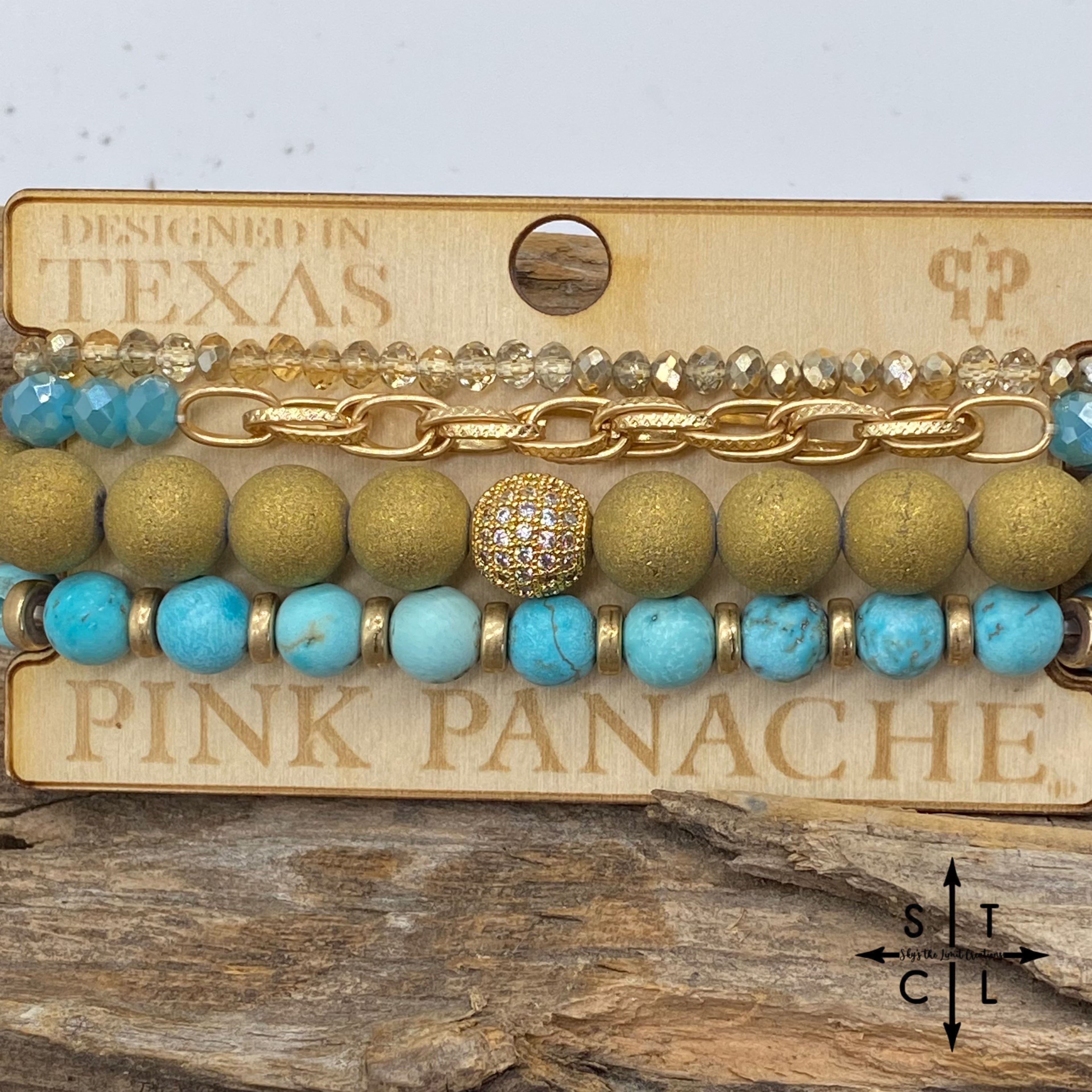 Pink Panache Stretch Bracelet Turquoise Gold With Double Gold Chain