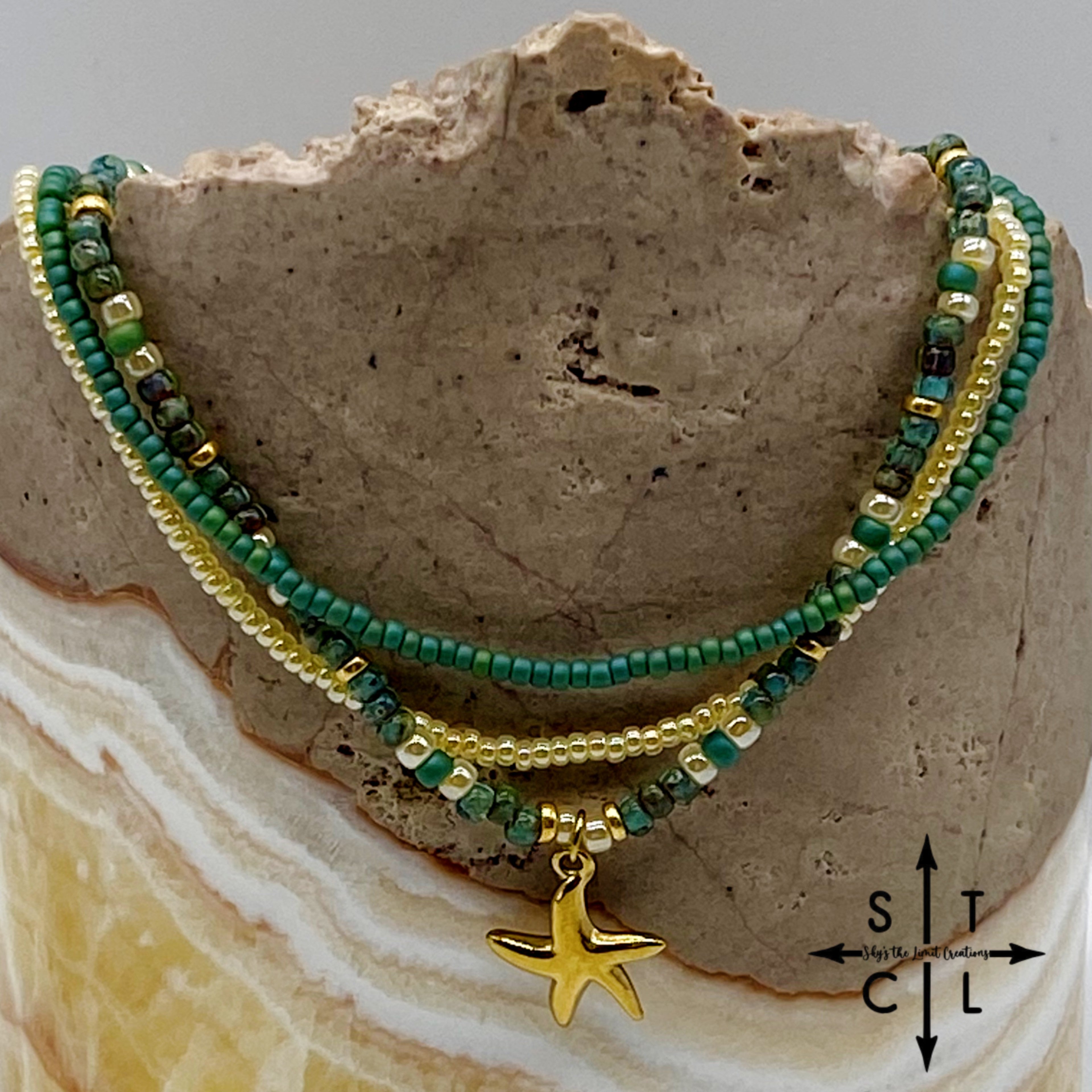 Dark Turquoise Picasso Turquoise Pearl Ivory Gold Stretchy Anklet