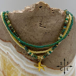 Load image into Gallery viewer, Dark Turquoise Picasso Turquoise Pearl Ivory Gold Stretchy Anklet
