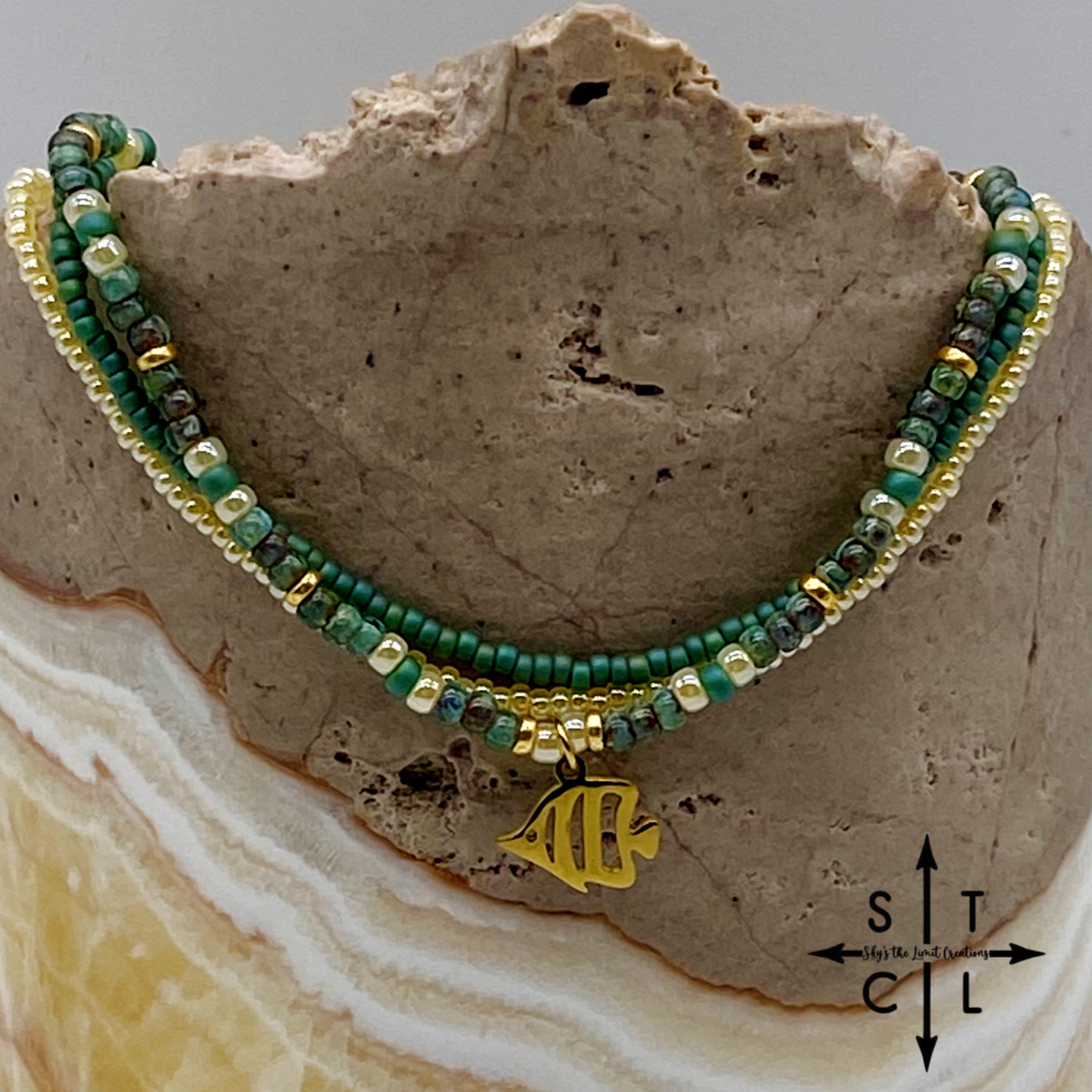 Dark Turquoise Picasso Turquoise Pearl Ivory Gold Stretchy Anklet