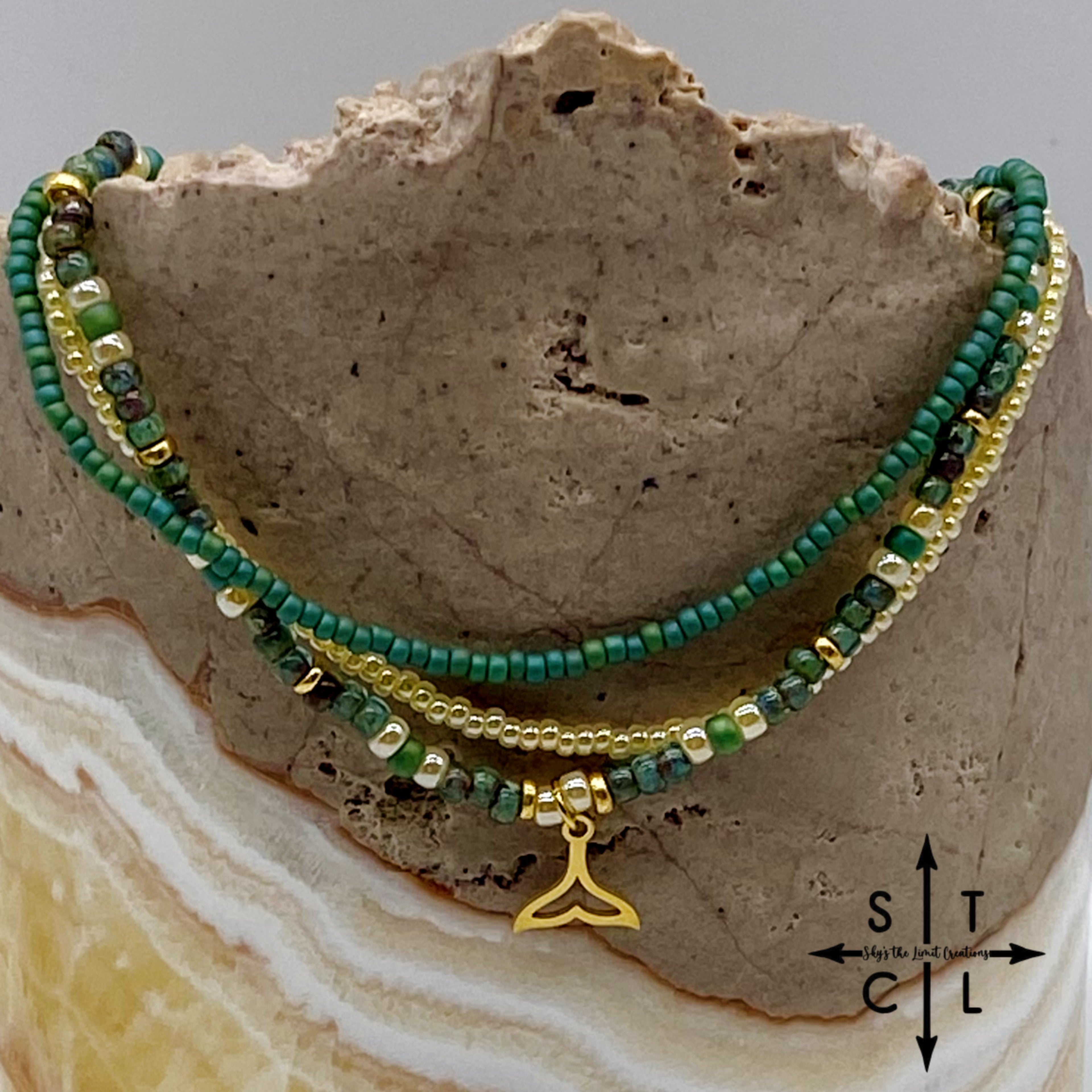 Dark Turquoise Picasso Turquoise Pearl Ivory Gold Stretchy Anklet