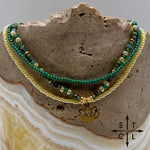 Load image into Gallery viewer, Dark Turquoise Picasso Turquoise Pearl Ivory Gold Stretchy Anklet
