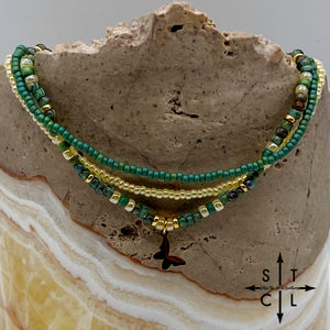 Dark Turquoise Picasso Turquoise Pearl Ivory Gold Stretchy Anklet
