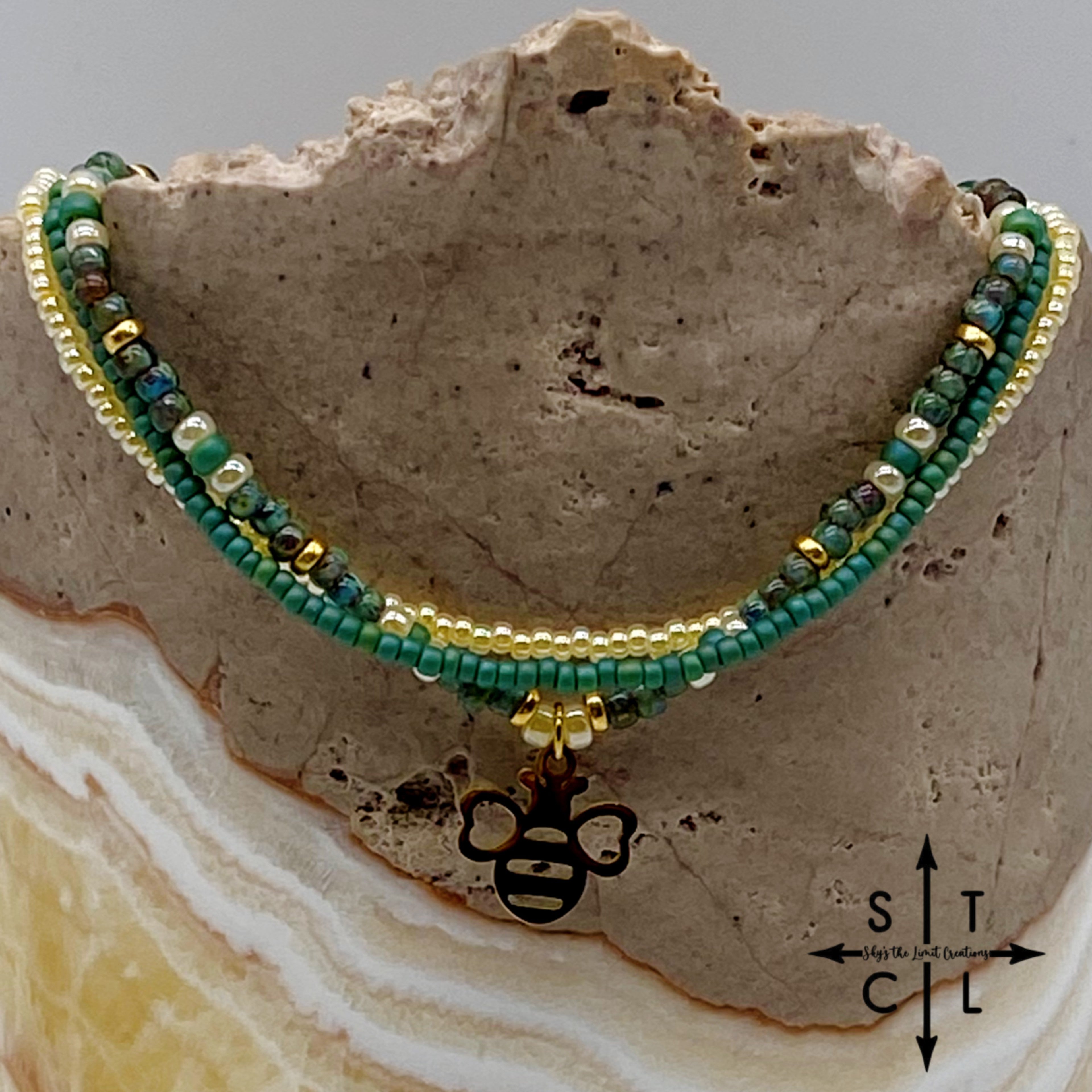 Dark Turquoise Picasso Turquoise Pearl Ivory Gold Stretchy Anklet