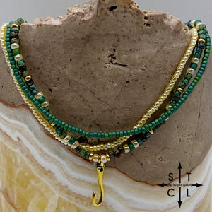 Dark Turquoise Picasso Turquoise Pearl Ivory Gold Stretchy Anklet