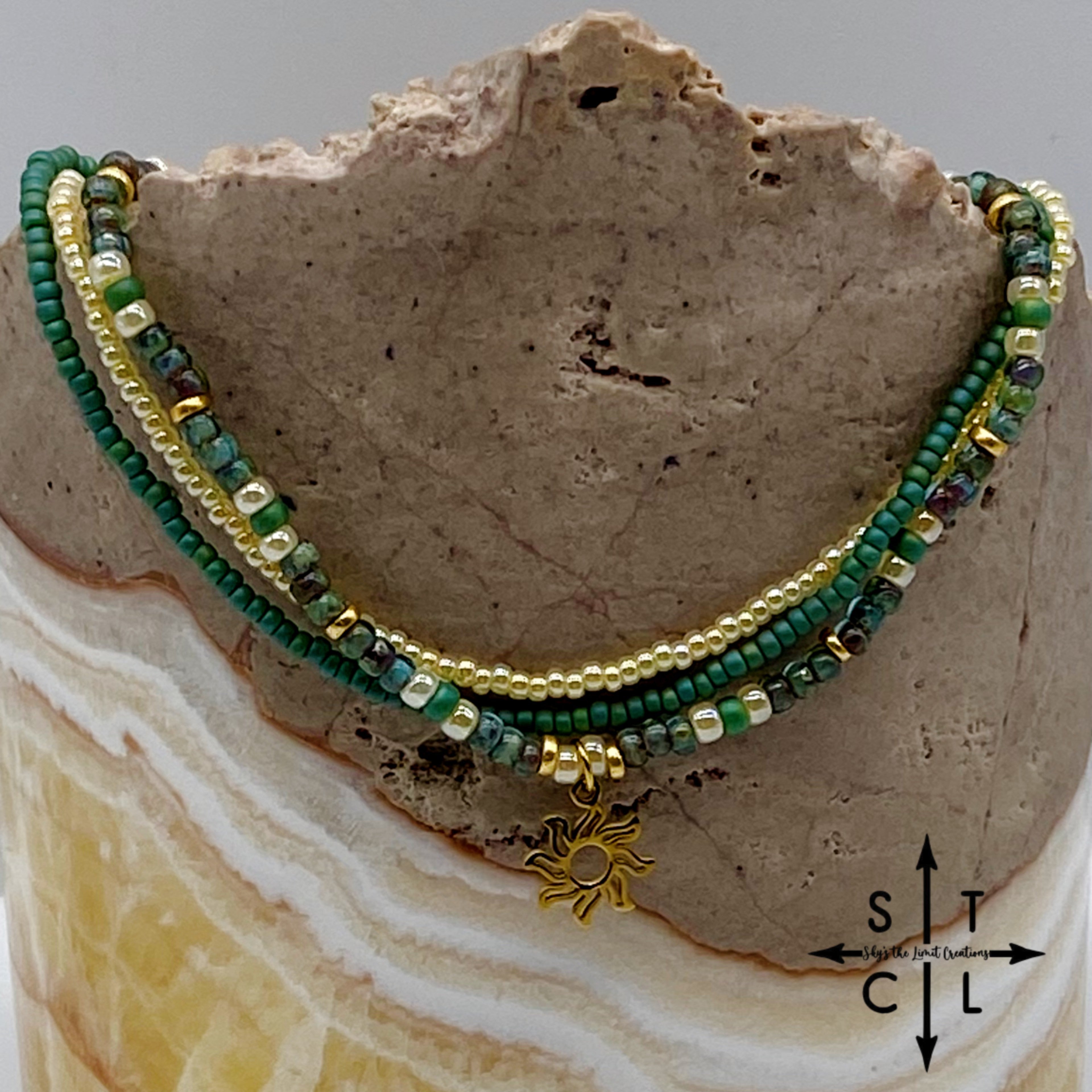 Dark Turquoise Picasso Turquoise Pearl Ivory Gold Stretchy Anklet