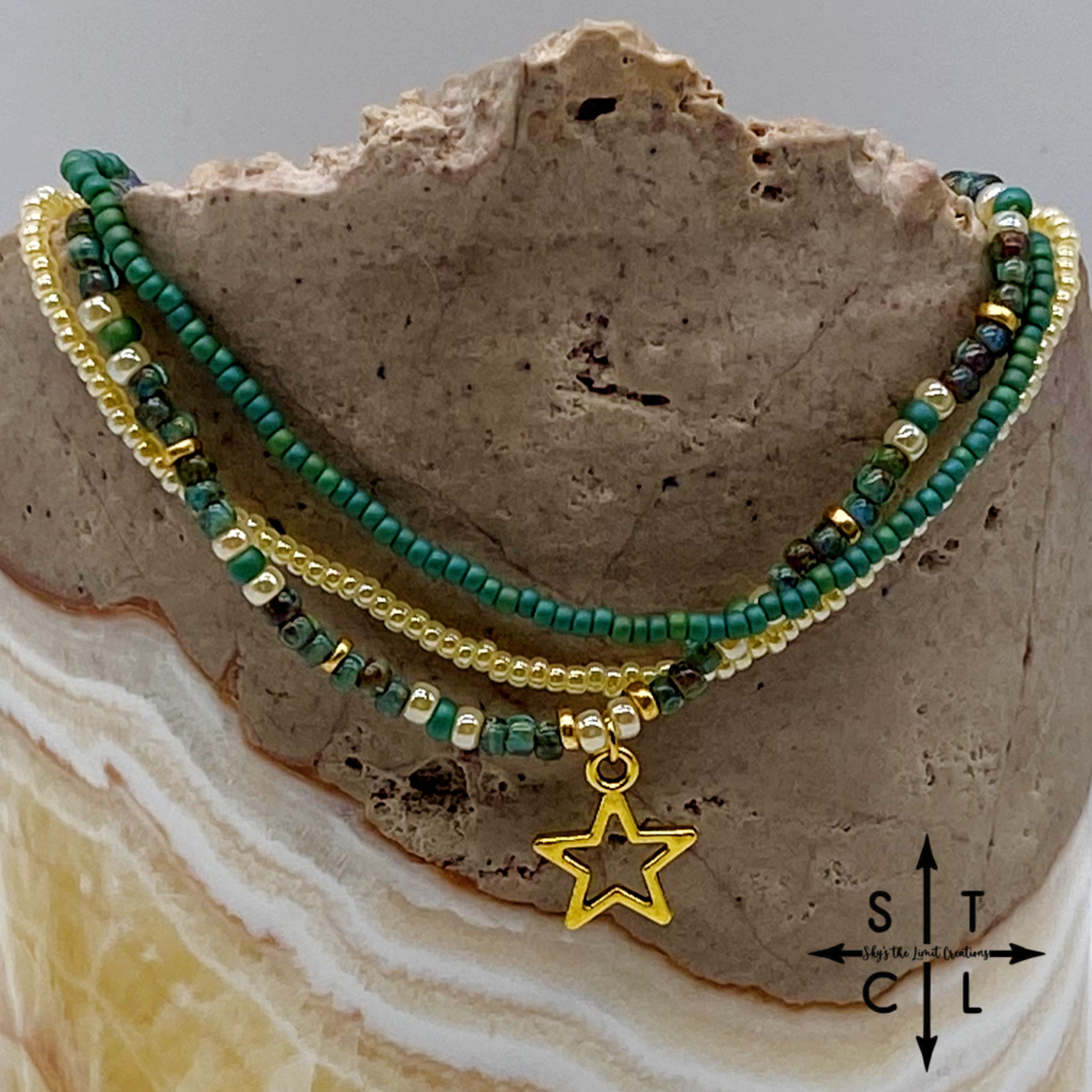 Dark Turquoise Picasso Turquoise Pearl Ivory Gold Stretchy Anklet