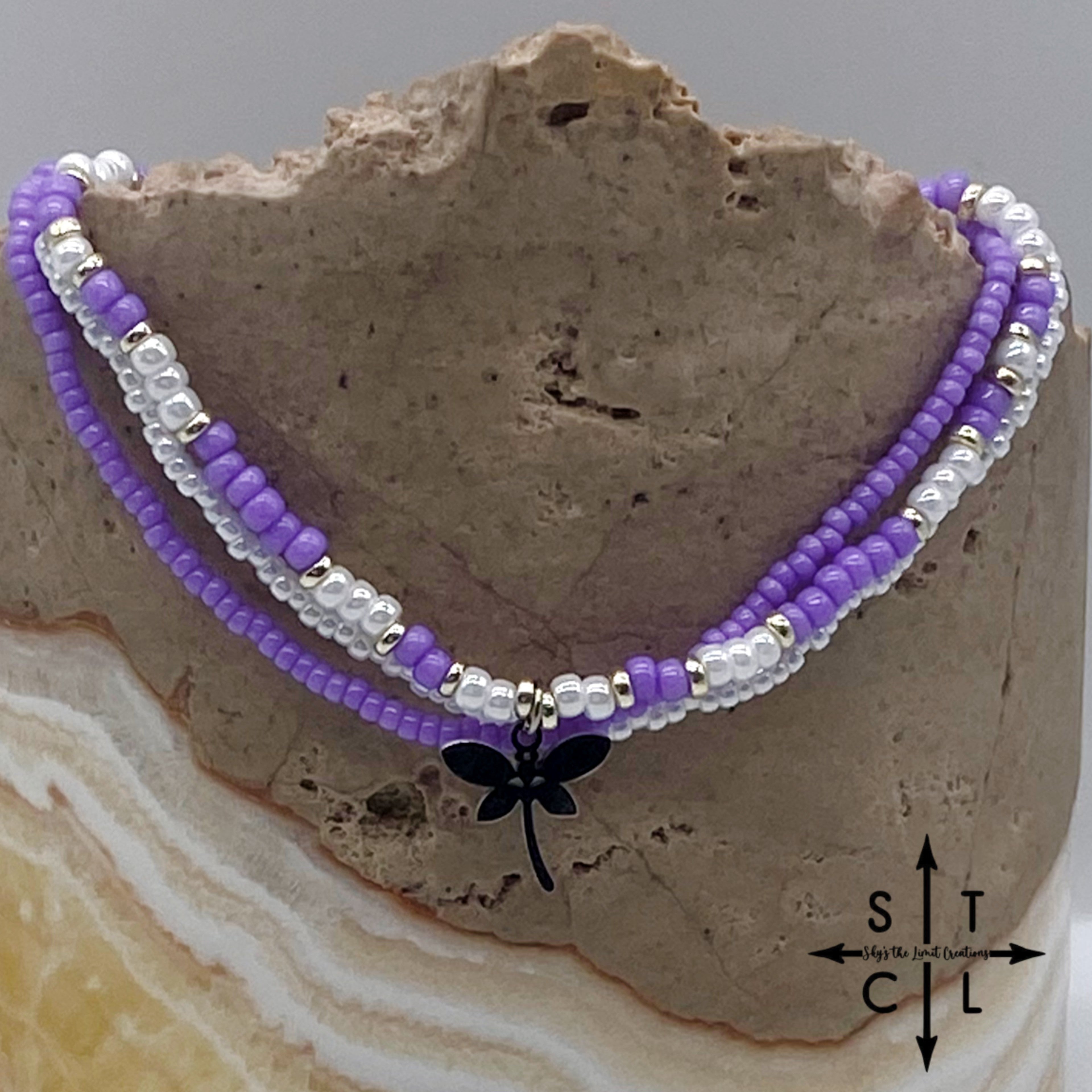 Purple White Silver Stretchy Anklet