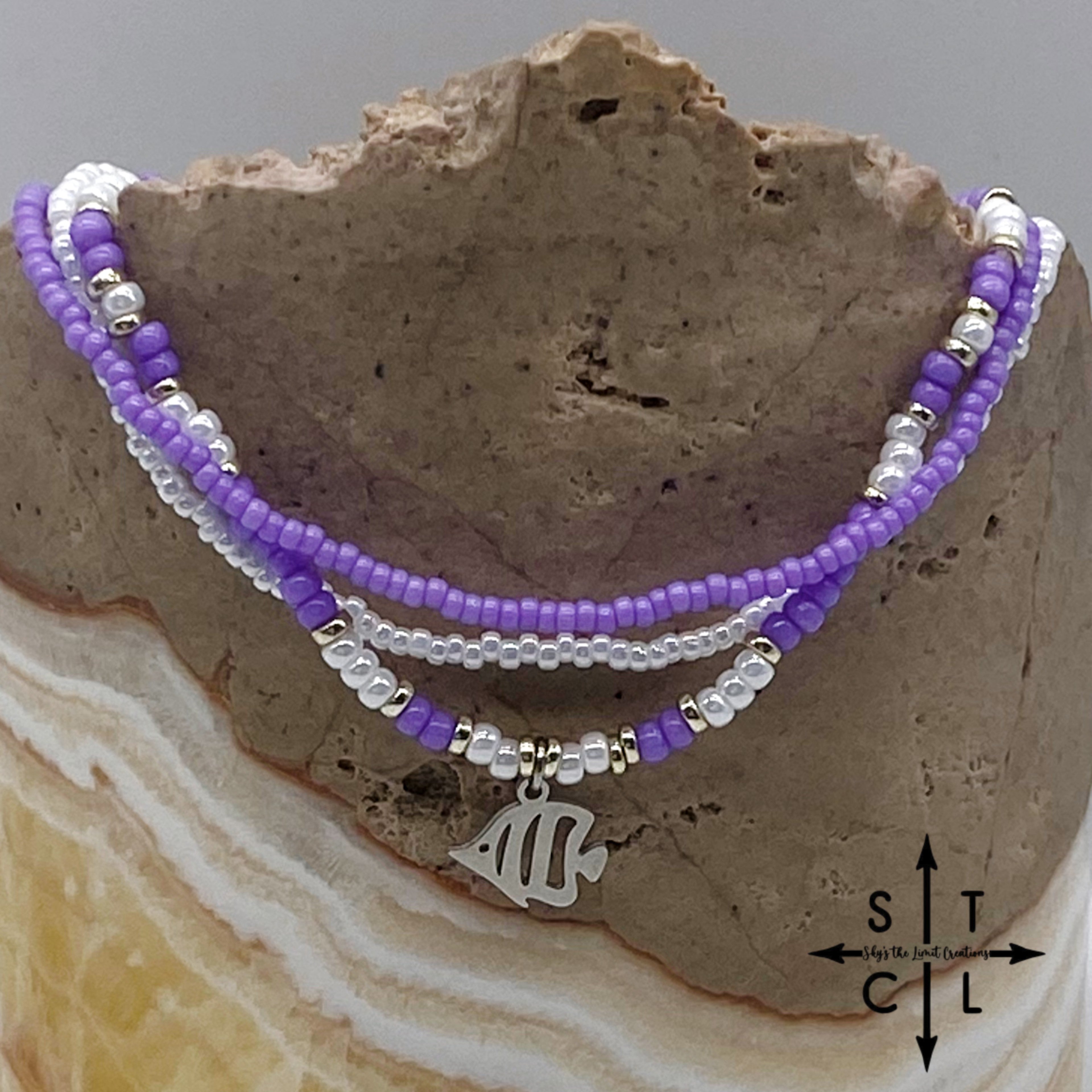 Purple White Silver Stretchy Anklet