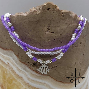 Purple White Silver Stretchy Anklet