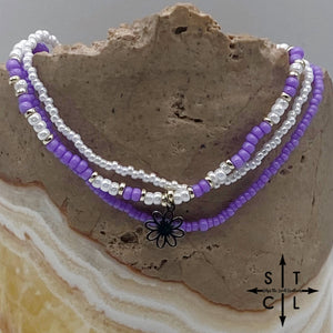 Purple White Silver Stretchy Anklet