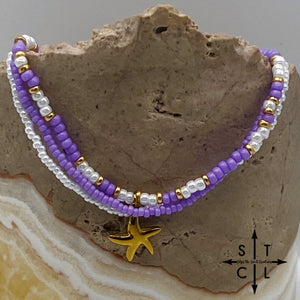 Purple White Gold Stretchy Anklet