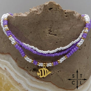 Purple White Gold Stretchy Anklet