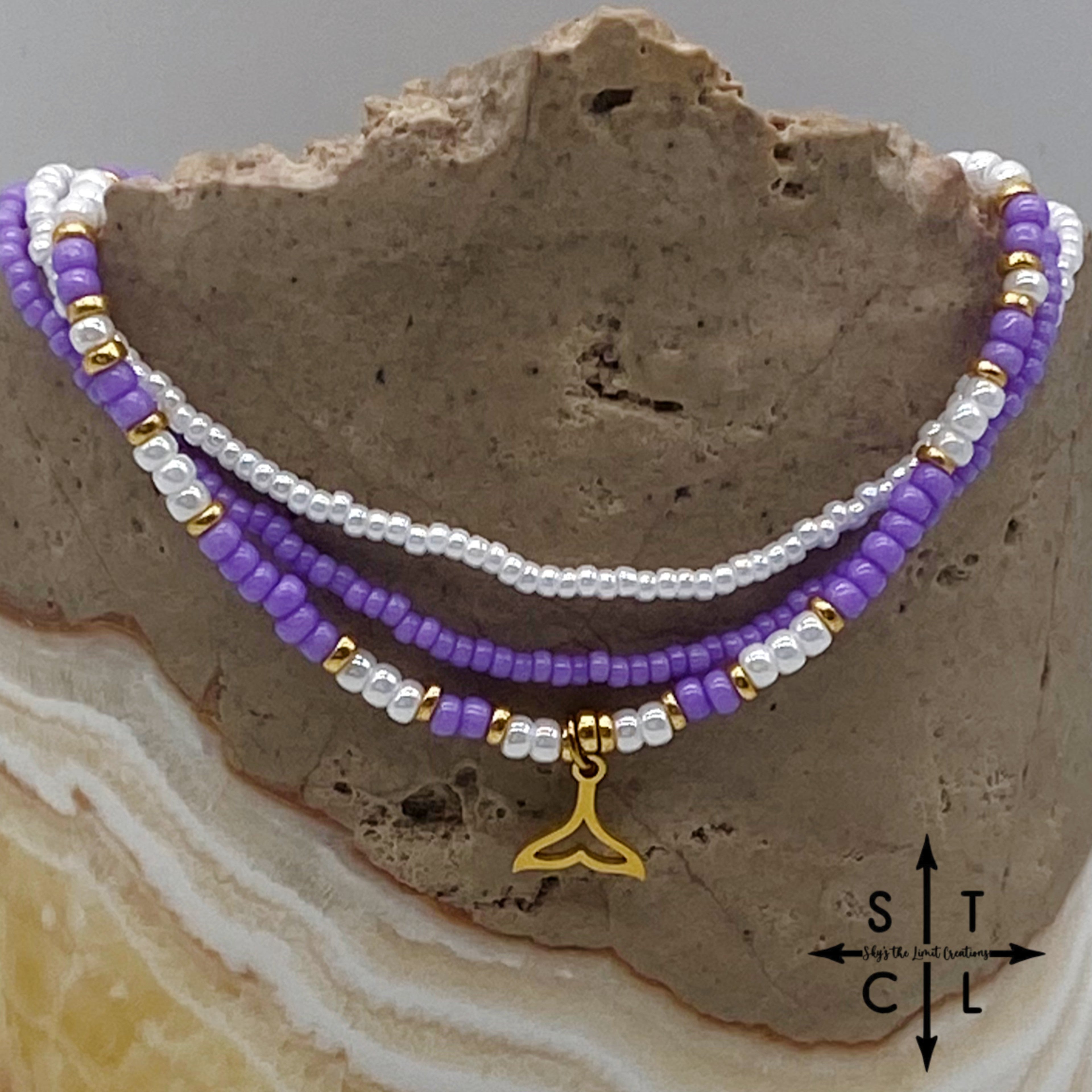 Purple White Gold Stretchy Anklet