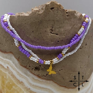 Purple White Gold Stretchy Anklet