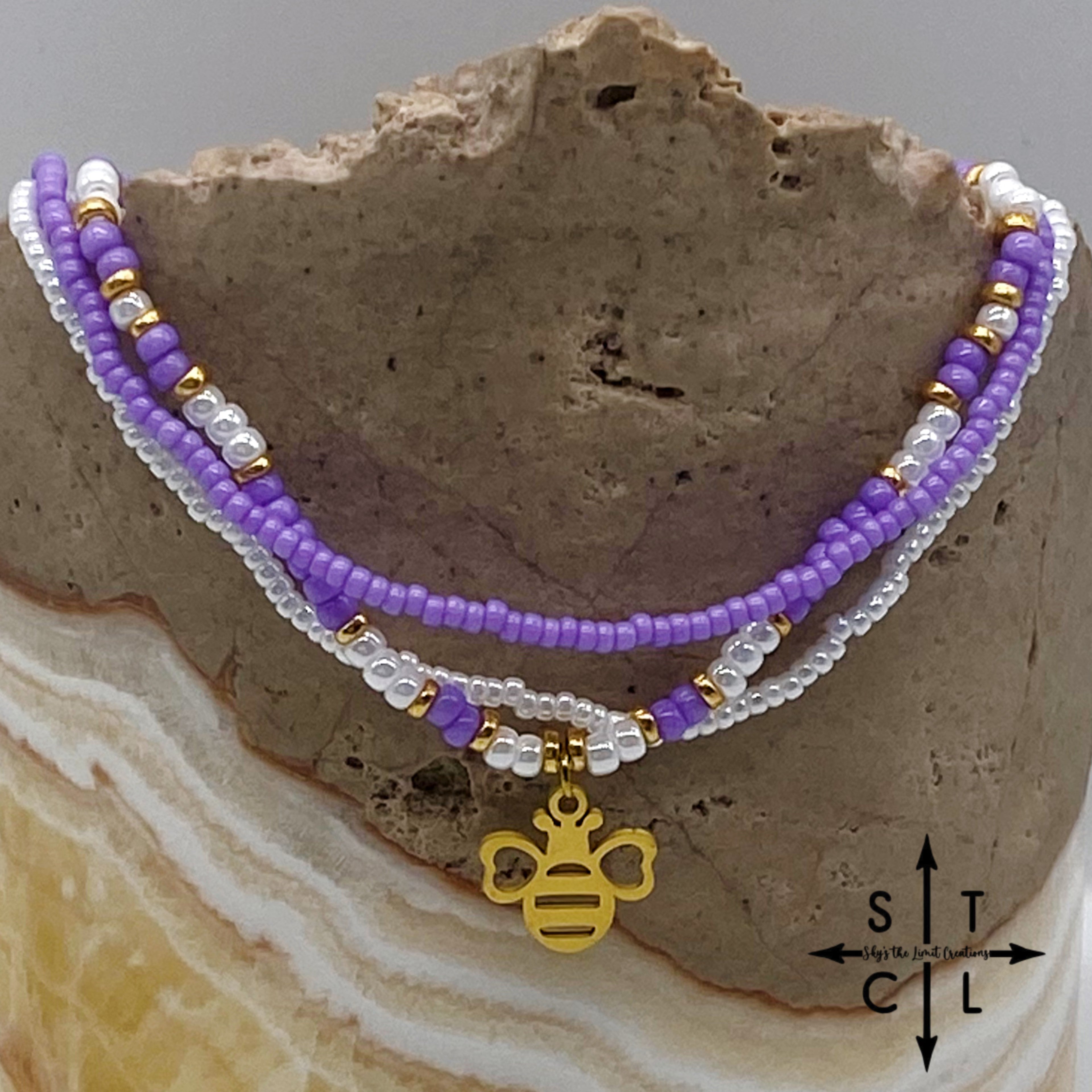 Purple White Gold Stretchy Anklet
