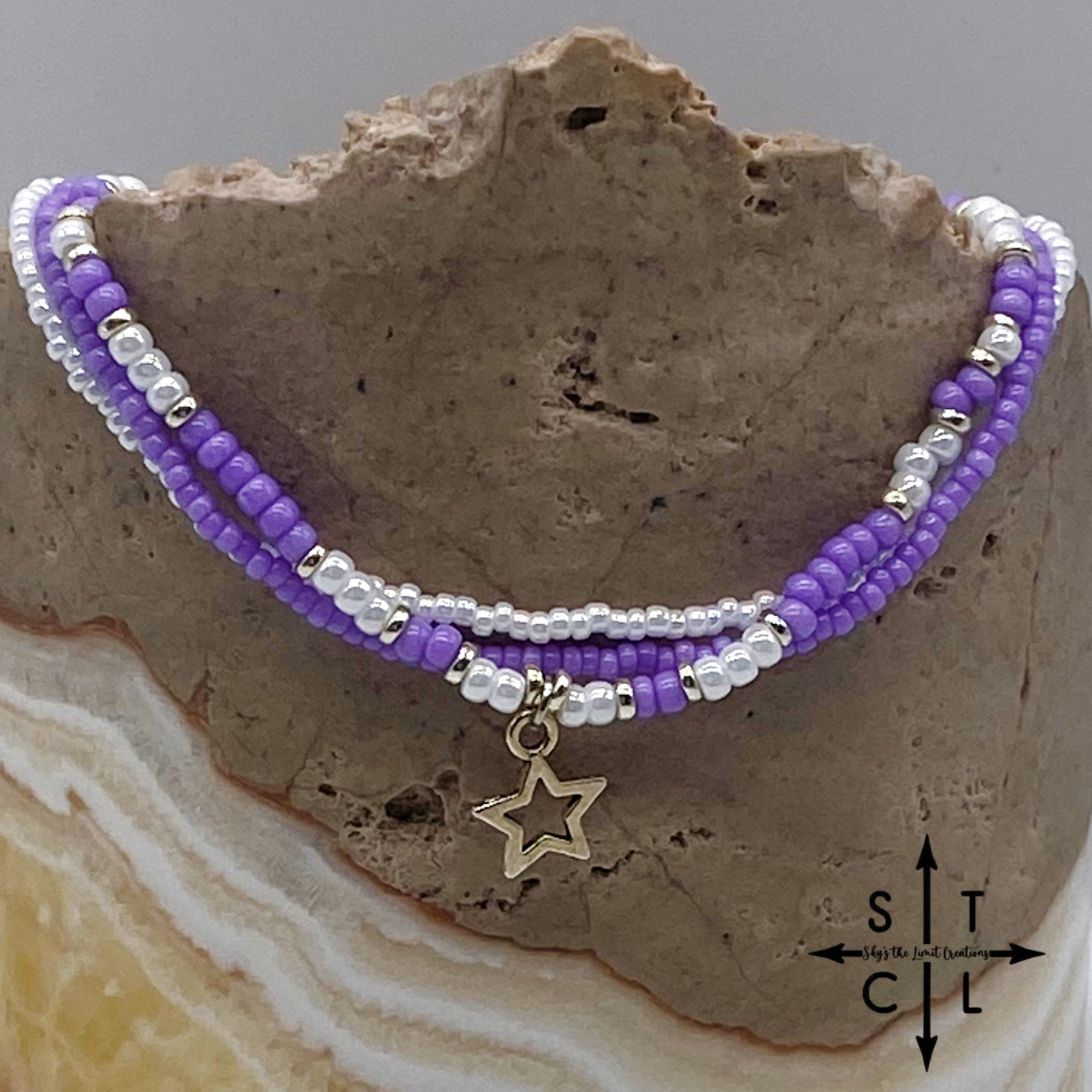 Purple White Silver Stretchy Anklet