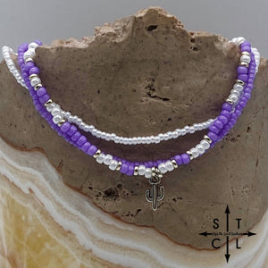 Purple White Silver Stretchy Anklet