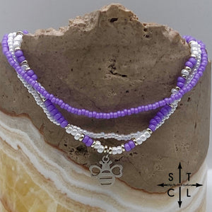 Purple White Silver Stretchy Anklet