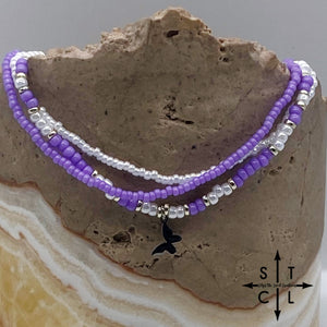 Purple White Silver Stretchy Anklet